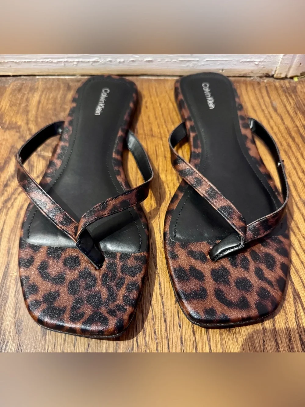 Calvin Klein Leopard-Print Brown Square-Toe Flip Flop Sandal